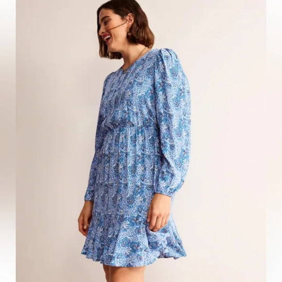 NWT Boden pleated Peplum Blue Print Long Sleeve Mini Dress Size 16-18 - Picture 1 of 11